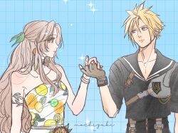 1boy 1girl aerith_gainsborough aerith_gainsborough_(citric_dress) armlet armor artist_name belt black_sailor_collar black_shirt black_shorts blonde_hair blue_background blue_eyes bracelet breasts brown_gloves brown_hair choker cloud_strife cloud_strife_(maritime_sailor) couple dress earrings final_fantasy final_fantasy_vii final_fantasy_vii_ever_crisis fingerless_gloves food-themed_earrings food_print food_themed_earrings fruit_print gloves green_eyes green_ribbon grey_belt grey_choker hair_between_eyes hair_ribbon half_updo hetero holding_hands jewelry long_hair looking_at_another medium_breasts multicolored_nails nail_polish official_alternate_costume omochi_daisuki orange-shaped_earrings orange-shaped_ornament orange_nails orange_print parted_bangs ribbon sailor_collar shirt short_hair shorts shoulder_armor sidelocks single_earring smile sparkle spiked_hair strapless strapless_dress upper_body wavy_hair