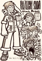 1boy absurdres beanie braid character_name danganronpa_(series) danganronpa_2:_goodbye_despair dated earrings english_text from_side full_body greyscale grin hand_on_own_head hat hatching_(texture) highres holding holding_screwdriver jewelry josh-s26 jumpsuit long_hair long_tongue male_focus monochrome multiple_views notice_lines scared screaming screwdriver sharp_teeth shoes short_sleeves side_braid signature simple_background single_braid smile soda_kazuichi speech_bubble standing sweat teeth thumbs_up tongue tongue_out white_background zipper