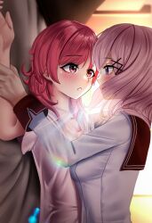 2girls absurdres black_sailor_collar blush commentary commission copyright_request english_commentary eye_contact grey_hair highres holding_another&#039;s_wrist long_hair long_sleeves looking_at_another manjo_(warito) multiple_girls on_bed parted_lips pink_eyes pink_hair pinned pixiv_commission purple_eyes sailor_collar shirt sideways upper_body white_shirt yuri