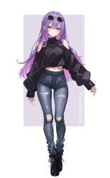 1girl black_shoes black_sweater blue_pants blush breasts character_name closed_mouth commentary cross cross_earrings ear_piercing earrings eyewear_on_head fingernails full_body green_eyes highres hololive jewelry long_hair long_sleeves looking_at_viewer midriff multicolored_hair nail_polish navel pants piercing pink_hair purple_hair sa-ya2 shoes smile solo stomach sunglasses sweater thighs tokoyami_towa torn_clothes torn_pants two-tone_hair virtual_youtuber white_background yellow_nails
