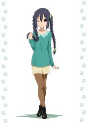 1girl black_hair braid brown_eyes female_focus k-on! long_hair nakano_azusa oku_no_shi one_eye_closed pantyhose solo twin_braids wink