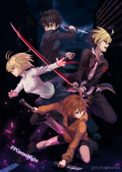 2boys 2girls ahoge arcueid_brunestud belt black_jacket black_pantyhose black_shorts black_skirt blonde_hair blue_eyes breasts brown_hair building collared_shirt company_connection crescent fingernails glint holding holding_knife holding_sword holding_weapon hood hoodie jacket kido_hyde knife large_breasts linne_(under_night_in-birth) long_fingernails melty_blood melty_blood:_type_lumina multiple_boys multiple_girls necktie night online_neet open_clothes open_jacket orange_hoodie pantyhose purple_eyes red_eyes school_uniform shirt shorts skirt skyscraper sweater sword tohno_shiki turtleneck turtleneck_sweater twitter_username under_night_in-birth weapon white_shirt white_sweater