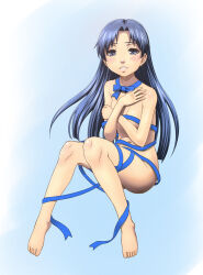 1girl alternate_eye_color barefoot blue_eyes blue_hair blue_ribbon blush breasts full_body hand_on_own_arm hands_up idolmaster idolmaster_(classic) kisaragi_chihaya knees_up long_hair looking_at_viewer minazuki_tsuyuha naked_ribbon navel parted_lips ribbon small_breasts solo