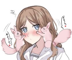 1girl absurdres animalization bang_dream! bang_dream!_it&#039;s_mygo!!!!! blue_eyes blush brown_hair chihaya_anon closed_mouth commentary_request extreme_yuri_buta highres long_hair looking_at_viewer nagasaki_soyo school_uniform sidelocks simple_background squirrel translated tsukinomori_school_uniform upper_body white_background yuri