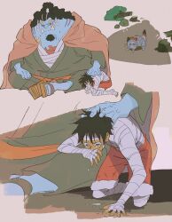 2boys bandages black_hair blue_skin cat chest_tattoo colored_skin commentary crying facial_hair goatee half_updo happensweater highres jinbe_(one_piece) male_focus monkey_d._luffy multiple_boys one_piece red_shorts scar scar_on_face short_hair shorts symbol-only_commentary tattoo tears