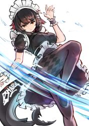 1girl absurdres andrewaprilio black_hair black_pantyhose colored_inner_hair ellen_joe fins fish_tail frilled_wristband hairband highres leg_up long_hair looking_at_viewer maid maid_headdress metal_hairband multicolored_hair pantyhose parted_lips razor_blade_hair_ornament shark_girl shark_tail spiked_headband tail water_drop white_background zenless_zone_zero