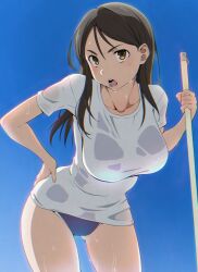 1girl black_hair blue_background breasts brown_eyes commentary fukiyose_seiri hand_on_own_hip highres holding large_breasts leaning_forward long_hair looking_at_viewer one-piece_swimsuit open_mouth puge shirt solo swimsuit swimsuit_under_clothes toaru_majutsu_no_index wet wet_clothes wet_shirt white_shirt