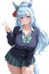1girl animal_ears blue_hair blue_skirt blush bow bowtie braid breasts closed_mouth commentary fuji_noriho half-closed_eyes highres horse_ears horse_girl horse_tail large_breasts long_hair looking_at_viewer mejiro_ardan_(umamusume) official_alternate_costume official_alternate_hairstyle plaid_clothes plaid_skirt ponytail purple_eyes school_uniform shirt simple_background skirt solo tail umamusume v white_background white_shirt