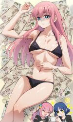 2girls bikini black_bikini black_shirt blue_eyes blush bocchi_the_rock! cellphone closed_eyes closed_mouth collarbone cube_hair_ornament gotoh_hitori hair_between_eyes hair_ornament hand_on_own_stomach highres holding holding_phone kessoku_band_t-shirt legs long_hair lying money multiple_girls navel on_back one_side_up phone pink_hair ryuhirohumi shirt smartphone solo_focus swimsuit t-shirt thighs yamada_ryo
