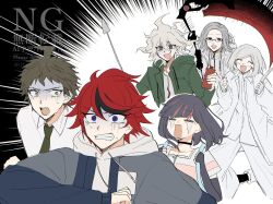 2girls 4boys :d ahoge aotsuki_eito black_background black_collar black_gloves black_hair black_streaks blue_eyes blue_jacket bottle brown_hair character_request chasing clenched_teeth collar collarbone collared_shirt commentary_request copyright_request crying crying_with_eyes_open danganronpa_(series) danganronpa_2:_goodbye_despair drawstring dual_wielding elbow_gloves fingerless_gloves glasses gloves green_jacket green_necktie grey_eyes grey_hair grey_jacket hair_between_eyes haru_ruta highres hinata_hajime holding holding_bottle holding_knife holding_polearm holding_weapon hood hoodie jacket knife komaeda_nagito long_sleeves medium_hair messy_hair multicolored_hair multicolored_jacket multiple_boys multiple_girls necktie open_clothes open_jacket open_mouth pants polearm red_hair red_streaks running scared shirt short_hair smile spoilers streaked_hair sumino_takumi tears teeth the_hundred_line_-last_defense_academy- twitter_username two-tone_background two-tone_jacket watermark weapon white_background white_hoodie white_jacket white_pants white_shirt yellow_eyes zipper