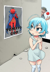 1girl :o blue_eyes blue_hair blush cloak collarbone cowboy_shot dress facial_hair fang food gachon_jirou hair_between_eyes hat hood looking_back nonki_boy open_mouth peeking poster_(object) short_hair sleeveless smile standing sweatdrop thighhighs tomato tsurime uehara_sadayo v-shaped_eyebrows vegetable white_dress white_thighhighs zettai_ryouiki