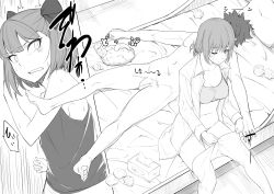 1boy 1girl absurdres aftersex araki_jeccy clothed_female_nude_male clothes_pull covered_face cum cum_in_container fate/grand_order fate_(series) florence_nightingale_(fate) from_above fujimaru_ritsuka_(male) greyscale helena_blavatsky_(fate) highres monochrome nude open_clothes open_shirt pantyhose penis shirt sports_bra surprised tank_top urinal_bottle