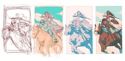 1boy 1girl alternate_hairstyle alternate_skin_color bow_(weapon) brown_eyes brown_hair dark-skinned_female dark_skin dreadlocks dress epona highres holding holding_bow_(weapon) holding_shield holding_weapon holstered horse horseback_riding hylian_shield link long_dress looking_up making-of nintendo parted_lips princess_zelda riding shield sketch the_legend_of_zelda the_legend_of_zelda:_twilight_princess thick_lips weapon wynton_redmond