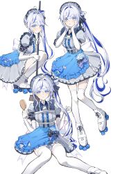 1girl absurdres aokumo_rin apron black_bow blue_apron blue_bow blue_eyes blue_hair blue_streaks blush bow bow_apron breasts center_frills chozgum colored_inner_hair commentary commission dress dress_bow elbow_gloves frilled_apron frilled_dress frills garter_straps gloves grey_dress hair_brush hands_on_own_cheeks hands_on_own_face hands_up highres holding holding_hair_brush holding_mop long_hair looking_at_viewer lying maid maid_apron maid_headdress medium_breasts mop multicolored_hair multiple_views name_tag puffy_short_sleeves puffy_sleeves roller_skates shoes short_sleeves skates standing stellive streaked_hair thighhighs very_long_hair virtual_youtuber white_bow white_garter_straps white_gloves white_hair white_shoes white_thighhighs