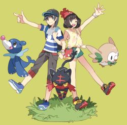 1boy 1girl ;d arms_up backpack bag bare_legs baseball_cap beanie black_hair blue_footwear bracelet brown_hair capri_pants closed_mouth commentary_request creatures_(company) elio_(pokemon) game_freak gen_7_pokemon grass green_background green_shorts grey_eyes grey_pants hat huan_li jewelry leg_up litten locked_arms medium_hair nintendo one_eye_closed open_mouth pants pokemon pokemon_(creature) pokemon_sm popplio red_headwear rowlet selene_(pokemon) shirt shoes short_sleeves shorts smile sneakers standing standing_on_one_leg starter_pokemon_trio striped_clothes striped_shirt t-shirt teeth tied_shirt tongue upper_teeth_only yellow_shirt z-ring