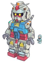 1boy aburaya_tonbi amuro_ray glowing glowing_eyes gundam helmet lego_minifig looking_ahead mecha mobile_suit mobile_suit_gundam parody robot rx-78-2_gundam the_lego_group toy v-fin white_background yellow_eyes