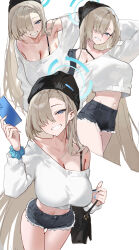 1girl absurdres alternate_costume armpits asuna_(blue_archive) asymmetrical_bangs bare_legs beanie black_bag black_bra black_hat blonde_hair blue_archive blush bra bra_strap breasts casual cellphone cleavage collarbone commentary cropped_sweater denim denim_shorts fingernails hair_over_one_eye halo hat highres holding holding_phone large_breasts long_hair looking_at_viewer multiple_views nail_polish ocean one_eye_covered phone runfufu scrunchie shirt_overhang short_shorts shorts simple_background single_bare_shoulder smile straight_hair sweater thighs underwear very_long_hair white_background white_sweater wrist_scrunchie