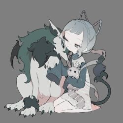 1girl absurdres animal animal_ears animal_nose barefoot bat_wings black_eyes black_fur black_tail blue_collar blue_hair blue_sleeves body_fur braid claws collar creature crown_braid fiery_tail fire flame-tipped_tail fluffy freckles green_eyes green_fur grey_background grey_eyes grey_fur grey_tunic hamlot_(livly_island) highres holding holding_creature hug livly livly_island long_sleeves looking_at_another looking_at_creature looking_back monster moon_(symbol) one_eye_closed pale_skin pointy_ears short_hair spotted_fur tail three-toned_fur tunic two-tone_fur volf_(livly_island) white_fur white_stripes wings wolf wolf_ears wolf_paws yy_livly