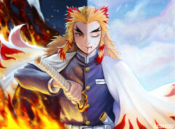 Rule 34 | 1boy, absurdres, ai shou, blonde hair, blood, blood on face, blue sky, closed eyes, cloud, cloudy sky, demon slayer uniform, fire, flame print, forked eyebrows, haori, highres, holding, holding sword, holding weapon, japanese clothes, katana, kimetsu no yaiba, long hair, male focus, multicolored hair, night, night sky, red eyes, red hair, rengoku kyoujurou, sky, smoke, solo, split theme, sword, two-tone hair, weapon