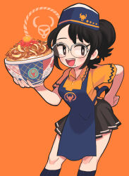 1girl apron black_hair black_skirt black_socks blush bowl collared_shirt commentary feet_out_of_frame food gashi-gashi glasses hand_on_own_hip hat highres mole mole_under_mouth open_mouth orange_background orange_shirt original over-rim_eyewear pleated_skirt semi-rimless_eyewear shirt short_sleeves skirt smile socks solo symbol-only_commentary white-framed_eyewear