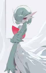 1girl arm_at_side backlighting blush bob_cut closed_mouth colored_skin cowboy_shot ear_blush female_focus flat_chest from_side gardevoir gen_3_pokemon green_hair green_skin grey_background hair_over_one_eye hand_up holding_own_arm looking_at_viewer multicolored_skin nintendo nsnnvldbrs99n one_eye_covered pokemon pokemon_(creature) red_eyes short_hair solo standing two-tone_skin white_skin