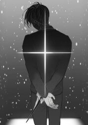 1boy black_hair black_shirt collared_shirt cowboy_shot crossed_wrists crossover full_body greyscale hair_flowing_over harry_potter_(series) head_tilt holding holding_wand kim_dokja magic male_focus monochrome omniscient_reader&#039;s_viewpoint raya_(000_unseen) shirt short_hair snow solo sparkle wand wizarding_world