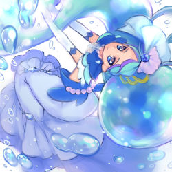 1girl blue_dress blue_eyes blue_hair blue_theme closed_mouth cure_mermaid cure_mermaid_(mode_elegant_ice) dress earrings elbow_gloves gloves go!_princess_precure highres jewelry kaidou_minami long_dress long_hair magical_girl mermaid_dress multicolored_hair nijigami_rin precure purple_hair simple_background smile solo streaked_hair two-tone_hair water white_background white_gloves