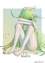 1girl absurdres arm_rest bare_shoulders barefoot black_souls breasts bright_pupils bug butterfly cleavage commentary crossed_arms full_body green_eyes green_hair green_leotard hand_on_own_knee highres insect knees_up leaf_(black_souls) leotard long_hair maid_headdress pointy_ears sitting solo twitter_username very_long_hair white_pupils xun_lin_(pixiv_93392103)
