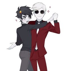 2boys black_shirt colored_sclera colored_skin couple dancing dave_strider formal_clothes grey_pants grey_skin happy highres holding_hands homestuck horns karkat_vantas multiple_boys nervous open_mouth pants pointy_ears red_suit shirt short_hair simple_background smile standing suit sunglasses troll_(homestuck) white_hair yellow_horns