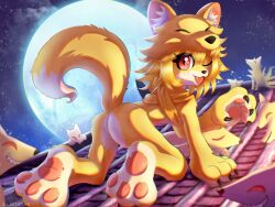 1girl animal_ear_fluff animal_feet animal_hands ass barefoot blonde_hair blush bottomless bra commentary_request criss-cross_halter fox fox_girl fox_tail full_body full_moon furrification furry furry_female halterneck highres kitsune liet4649 looking_at_viewer moon moonlight_flower night night_sky nine_tail_(ragnarok_online) on_rooftop one_eye_closed open_mouth outdoors ragnarok_online short_hair sky smile solo star_(sky) starry_sky tail underwear yellow_bra