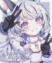1girl absurdres animal_ear_fluff animal_ears black_gloves blush breasts character_name cleavage commentary commission english_commentary fur_trim gloves gomavtuber grin highres indie_virtual_youtuber looking_at_viewer multicolored_hair smile solo streaked_hair swept_bangs teeth upper_body v vgen_commission virtual_youtuber white_hair yunatie0