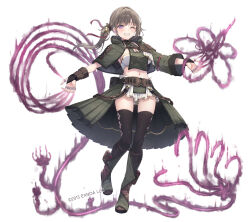 1girl ;) belt black_skirt black_thighhighs boots breasts brown_eyes brown_hair company_name full_body hair_ribbon highres jewelry jujuka_(sennen_sensou_aigis) magic multiple_rings navel official_art one_eye_closed ribbon ring sennen_sensou_aigis skirt small_breasts smile solo standing thighhighs tsuchikure white_background