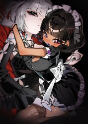 Rule 34 | 2girls, absurdres, back bow, bare shoulders, black background, black dress, black hair, black thighhighs, blood, blood from neck, blue blood, blunt bangs, blush, bow, breasts, choker, colored tongue, dark-skinned female, dark skin, detached sleeves, dress, fang, fingernails, frilled sleeves, frills, gloves, hair intakes, hair ornament, hairclip, highres, jewelry, lace, lace thighhighs, large breasts, long fingernails, looking at viewer, maid headdress, multiple girls, multiple rings, nail polish, necklace, original, parallel hairclips, puffy short sleeves, puffy sleeves, red eyes, ring, scocasr, short hair, short sleeves, simple background, sitting, sitting on lap, sitting on person, skindentation, smile, thighhighs, torn clothes, torn thighhighs, vampire, vampire bite, white bow, white gloves, white hair, yuri