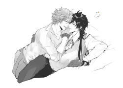 Rule 34 | 004s 4, 2boys, almost kiss, couple, genshin impact, greyscale, guitar, hand on another&#039;s back, image sample, instrument, monochrome, multiple boys, pixiv, pixiv sample, tartaglia (genshin impact), white background, yaoi, zhongli (genshin impact)