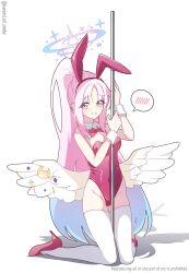 1girl absurdres alternate_hairstyle animal_ear_hairband animal_ears bare_shoulders blue_archive blue_hair blush bow bowtie collar commentary_request detached_collar fake_animal_ears feathered_wings full_body grin hairband halo high_heels high_ponytail highleg highleg_leotard highres kneeling leotard long_hair looking_at_viewer low_wings mika_(blue_archive) multicolored_hair murasame_(sword_of_nmkr) pink_bow pink_bowtie pink_hair pink_halo pink_leotard pink_shoes playboy_bunny pole ponytail rabbit_ears red_hairband shadow shoes simple_background smile solo speech_bubble spoken_blush strapless strapless_leotard stripper_pole thighhighs twitter_username very_long_hair white_background white_collar white_thighhighs white_wings white_wrist_cuffs wings wrist_cuffs yellow_eyes