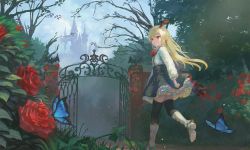 1girl animal bat_wings black_skirt black_thighhighs blonde_hair blue_sky blush boots bug butterfly closed_mouth cloud cloudy_sky commentary_request day female_focus flower frilled_shirt frilled_skirt frills gate granblue_fantasy hair_between_eyes head_wings high_heel_boots high_heels highres insect knee_boots long_hair long_sleeves outdoors petticoat pointy_ears puffy_long_sleeves puffy_sleeves red_eyes red_flower red_rose red_wings rose rose_bush shirt skirt sky smile solo standing standing_on_one_leg thighhighs vampy very_long_hair wasabi60 white_boots white_shirt wings