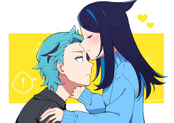 ! 1boy 1girl alternate_costume blue_sweater border closed_eyes closed_mouth colored_inner_hair commentary_request cowlick eyelashes from_side green_hair heart hetero highres liko_(pokemon) long_sleeves multicolored_hair nintendo outside_border pokemon pokemon_(anime) pokemon_horizons reisui_(sui_neko22) shirt smile spinel_(pokemon) spoken_exclamation_mark sweater swept_bangs white_border yellow_background