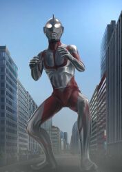 1boy abs alien blue_sky building city cityscape collarbone colored_skin commentary compound_eyes crosswalk day dorsal_fin dust_cloud fighting_stance full_body gattyo giant glowing glowing_eyes hands_up highres lamppost legs_apart looking_ahead male_focus multicolored_skin outdoors pectorals red_skin road road_sign shin_ultraman sign silver_skin sky skyscraper solo standing street tokusatsu toned toned_male tree two-tone_skin ultra_series ultraman ultraman_(shin) white_eyes wrinkled_skin