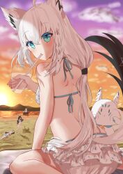 1other 3girls absurdres ahoge animal_ear_fluff animal_ears aqua_eyes bikini black_hair blue_bikini blush braid cup drinking_straw drinking_straw_in_mouth fox fox_girl fox_tail frilled_bikini frills hair_between_eyes hair_ornament highres holding holding_cup hololive long_hair looking_at_viewer looking_back multiple_girls nakiri_ayame official_alternate_costume official_alternate_hairstyle ookami_mio ookami_mio_(hololive_summer_2019) sand_castle sand_sculpture shirakami_fubuki side_braid sukonbu_(shirakami_fubuki) swimsuit tail user_mfxx2383 virtual_youtuber white_hair wolf_ears wolf_girl