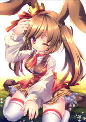 Rule 34 | 1girl, animal ears, boots, breasts, brown boots, brown hair, cinamon alma, crown, emil chronicle online, hair ornament, highres, large breasts, long hair, necktie, rabbit ears, rabbit girl, red eyes, sitting, tearing up, thighhighs, twintails, wariza, white thighhighs, yupi828