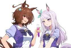 2girls agnes_tachyon_(umamusume) ahoge animal_ears blue_eyes bow bowtie breasts brown_hair bunny_j chemical_structure ear_ribbon earrings grey_hair grey_ribbon hand_up holding holding_test_tube horse_ears horse_girl horse_tail huge_ahoge jewelry large_breasts long_hair medium_hair mejiro_mcqueen_(umamusume) multiple_girls open_mouth pleated_skirt purple_bow purple_bowtie purple_sailor_collar purple_shirt red_eyes sailor_collar school_uniform shirt shirt_tucked_in simple_background single_earring skirt small_breasts smile swept_bangs tail teeth test_tube tracen_school_uniform umamusume upper_teeth_only white_background white_sailor_collar white_skirt wolf_cut