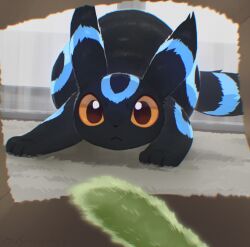 alternate_color black_eyes black_fur black_tail blue_fur colored_sclera gen_2_pokemon glass_door indoors looking_at_viewer nintendo olyester orange_sclera pokemon pokemon_(creature) pov shiny_pokemon umbreon