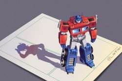 1boy autobot clenched_hands different_shadow from_above highres kotobukiya_bishoujo lantana0_0 mecha no_humans optimus_prime optimus_prime_(kotobukiya_bishoujo) robot science_fiction solo transformers twitter_username wheel