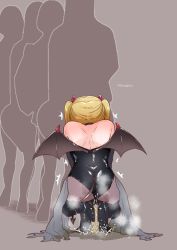 1girl artist_name ass back bare_shoulders black_choker black_footwear black_gloves black_pantyhose blonde_hair boots brown_background choker demon_horns demon_tail demon_wings elbow_gloves fake_tail fake_wings female_focus from_behind full_body gloves halloween_costume high_heels horns kinagirea leotard long_hair original pantyhose pee peeing peeing_self puddle queue shiny_clothes signature silhouette simple_background solo_focus squatting standing steam strapless strapless_leotard tail thigh_boots thighhighs trembling twintails twitter_username wet wet_clothes wings