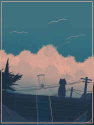 Rule 34 | bird, blue sky, bottle, cat, cloud, ele artworks, highres, inset border, no humans, on roof, original, power lines, rooftop, scenery, silhouette, sky, soda bottle, tree