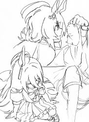 2girls :t absurdres agnes_tachyon_(umamusume) ahoge animal_ears bow bowtie chemical_structure closed_eyes closed_mouth ear_tag earrings frilled_skirt frills greyscale guinea_pig hair_between_eyes highres horse_ears horse_girl jewelry long_hair long_hair_between_eyes long_sleeves manhattan_cafe_(umamusume) medium_hair monochrome multiple_girls pleated_skirt puffy_short_sleeves puffy_sleeves sailor_collar school_uniform short_sleeves simple_background single_earring sitting skirt tracen_school_uniform uma2_0429 umamusume very_long_hair white_background wolf_cut