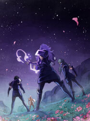Rule 34 | 4boys, ameliecausse, aquarius camus, armor, battle, blonde hair, blue hair, capricorn shura, commentary, english commentary, falling petals, fighting stance, flower, from behind, full body, gemini saga, gold armor, gold cloth, gold saint, grass, hands up, highres, long hair, male focus, multiple boys, night, night sky, outdoors, petals, pink flower, powering up, purple armor, saint seiya, sky, standing, star (sky), starry sky, virgo shaka