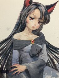 Rule 34 | 1girl, animal ears, black dress, black hair, collarbone, dress, highres, imaizumi kagerou, long hair, looking at viewer, misawa hiroshi, painting (medium), red brooch, red eyes, solo, touhou, traditional media, watercolor (medium), wolf ears, wolf girl