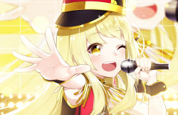 1girl bang_dream! blonde_hair closed_eyes female_focus hat hello_happy_world! highres long_hair microphone one_eye_closed open_mouth smile solo teeth the_cold tsurumaki_kokoro upper_body upper_teeth_only yellow_eyes
