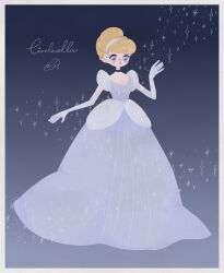 1girl artist_request blonde_hair blue_dress blue_eyes choker cinderella_(disney_character) cinderella_(disney_movie) dress earrings elbow_gloves gloves gown hair_bun hairband highres jewelry looking_at_viewer open_mouth princess short_hair smile